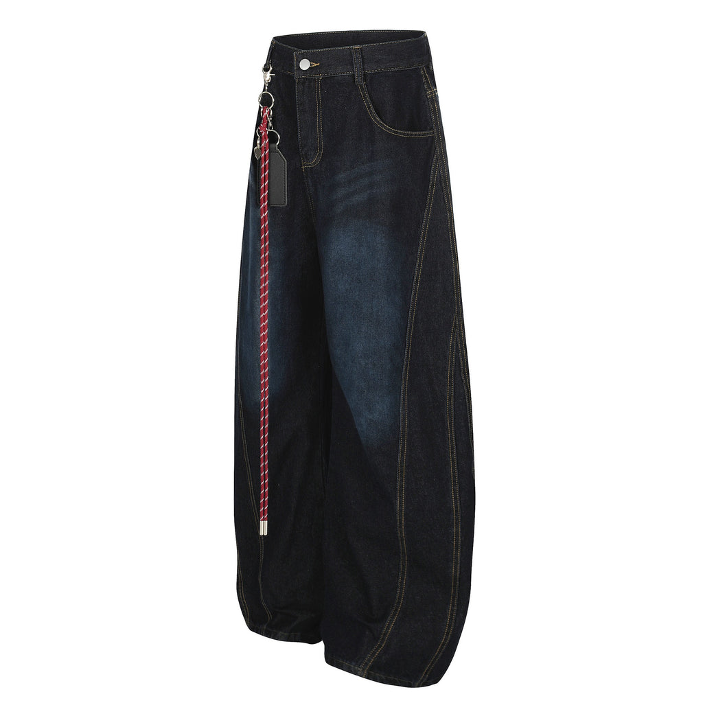 Spray-Painted Loose Denim Scimitar Pants Deconstructed Pendant Design