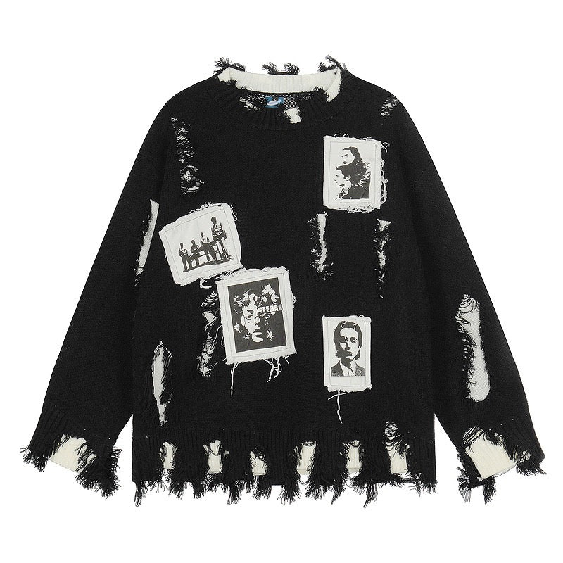 Graphic Patch Distressed Sweater