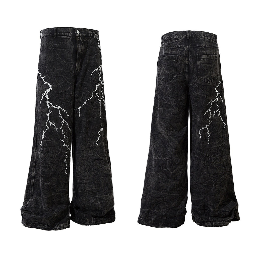 Washed Micro-Lazy Jeans Men's Lightning Embroidered Design Wide Leg Pants