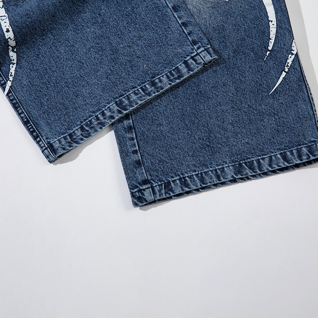 Thorn Print Washed Jeans Loose Wide Leg Pants