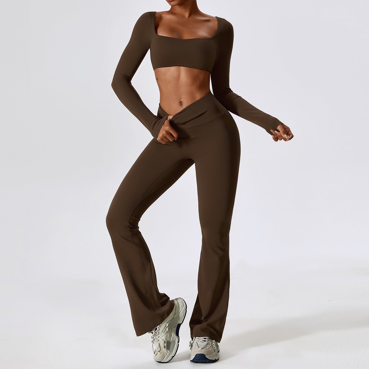 long-sleeved crop top and flared leggings Active wear