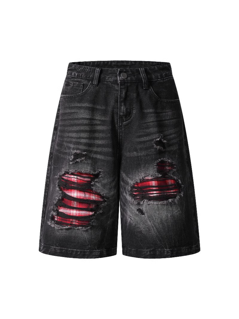 Distressed Ripped Patchwork Plaid Wide-Leg Jeans Loose Straight Shorts