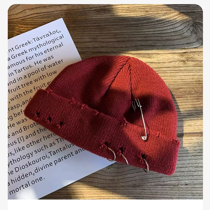 Beanie Hat Metal Eyelet in Burgundy