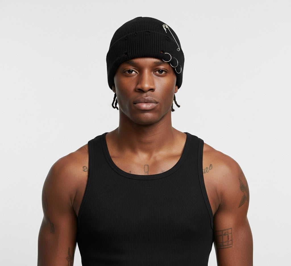 Beanie Hat Metal Eyelet in Black