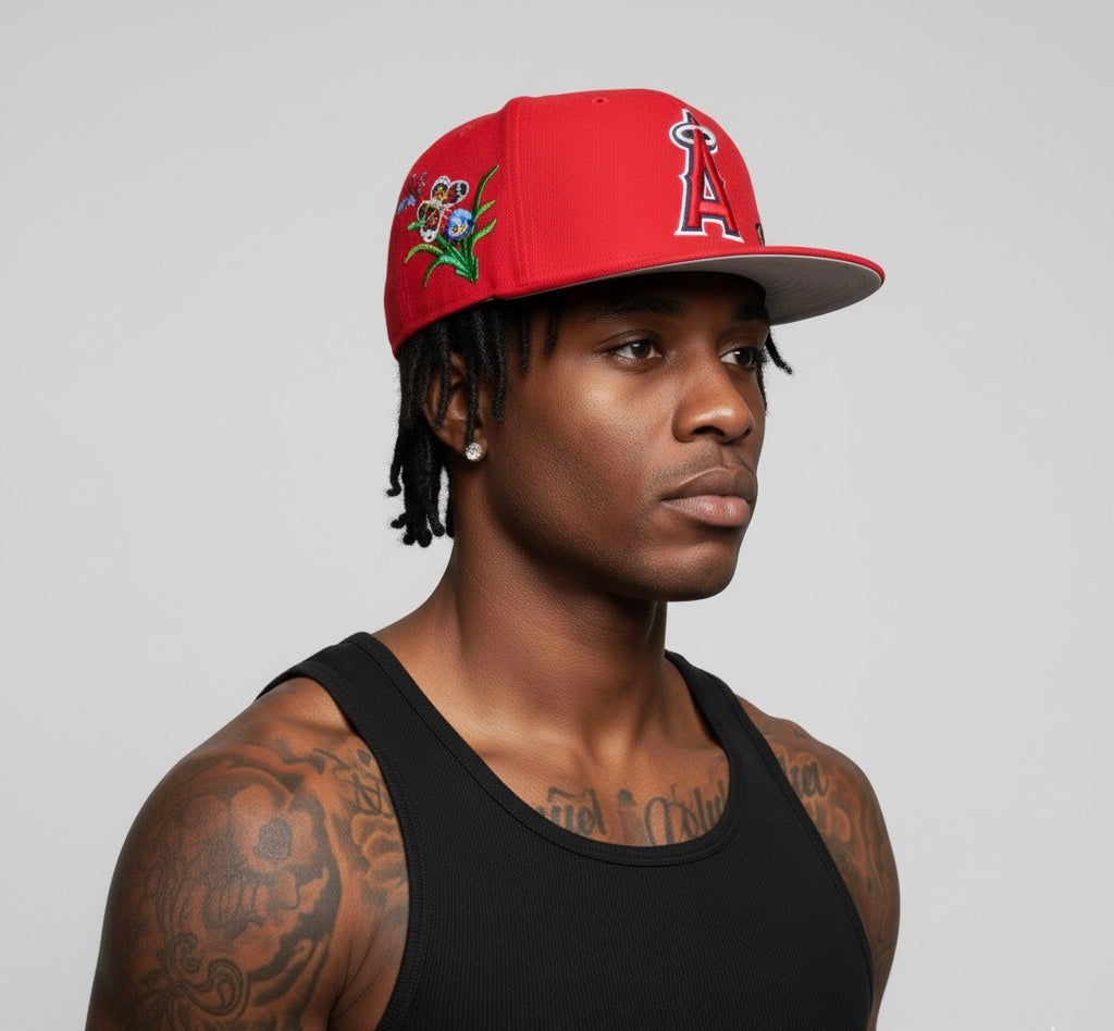 New Era Anaheim Angels 59FIFTY fitted cap with a unique butterfly side patch
