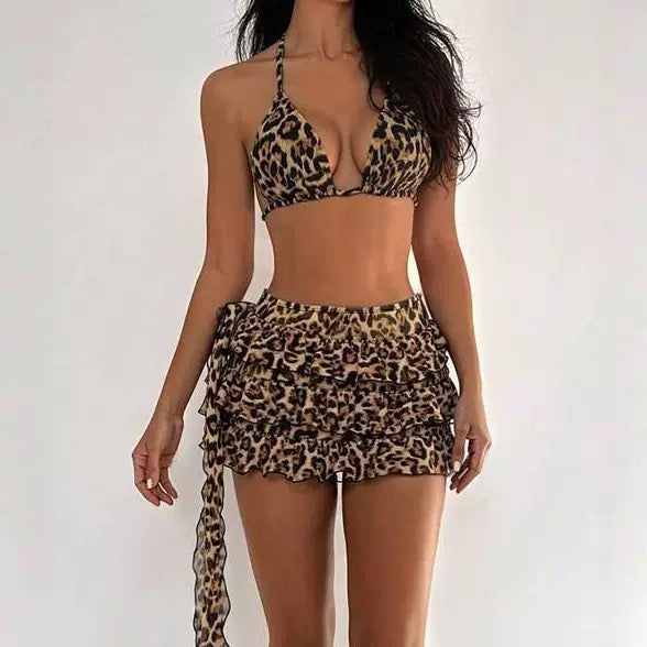 leopard print frill trim bikini set with a matching skirt