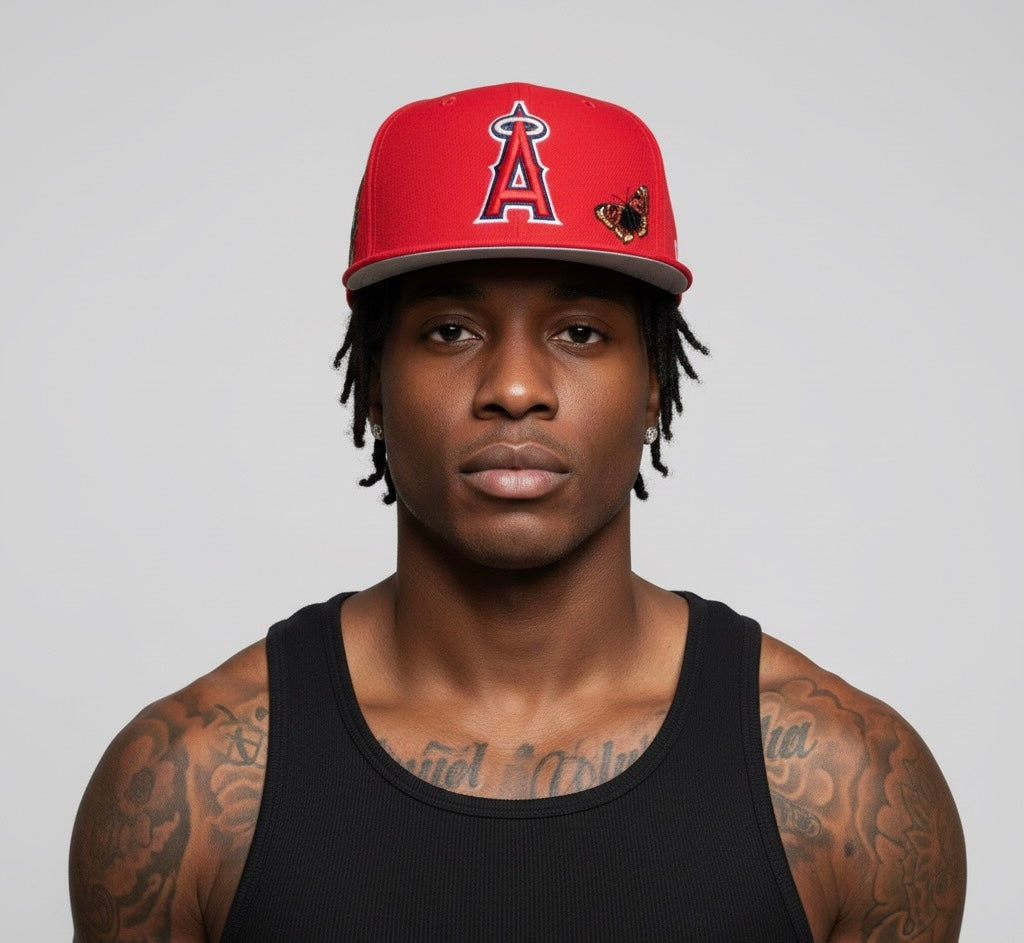 New Era Anaheim Angels 59FIFTY fitted cap with a unique butterfly side patch