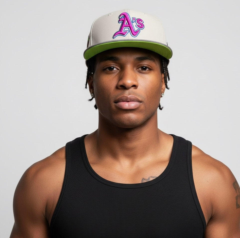Oakland Athletics baseball cap with a neon green underbrim
