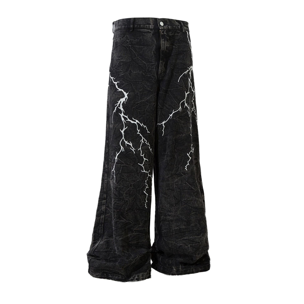 Washed Micro-Lazy Jeans Men's Lightning Embroidered Design Wide Leg Pants