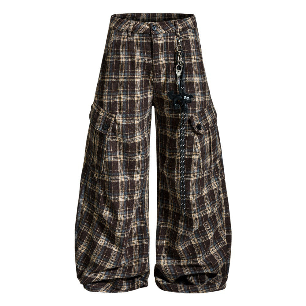 Brown plaid wide-leg cargo pants