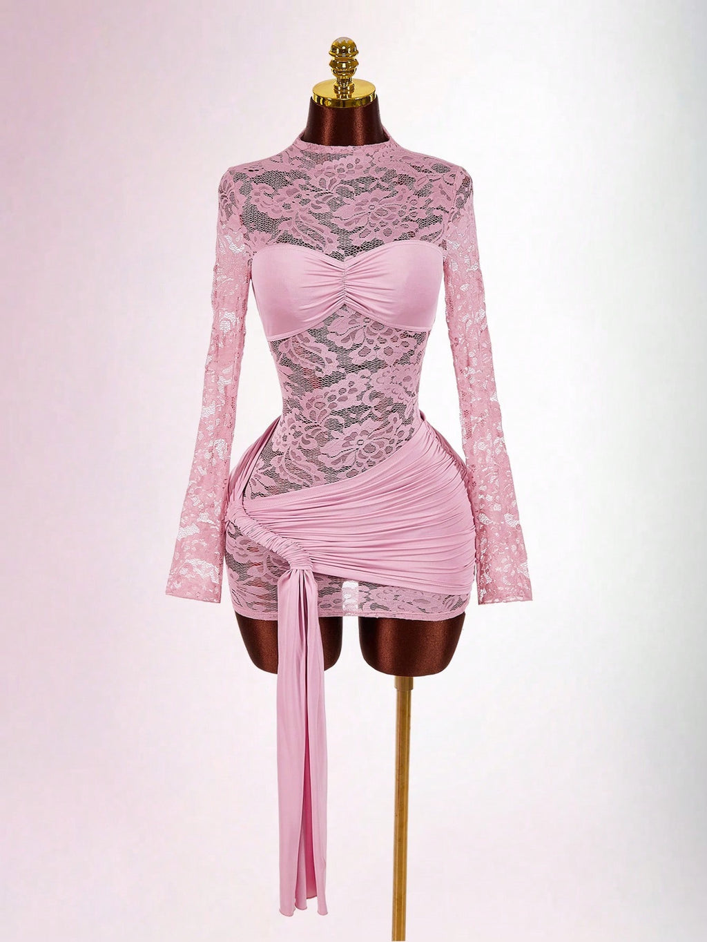 long-sleeve lace-cutout ruched bodycon mini dress