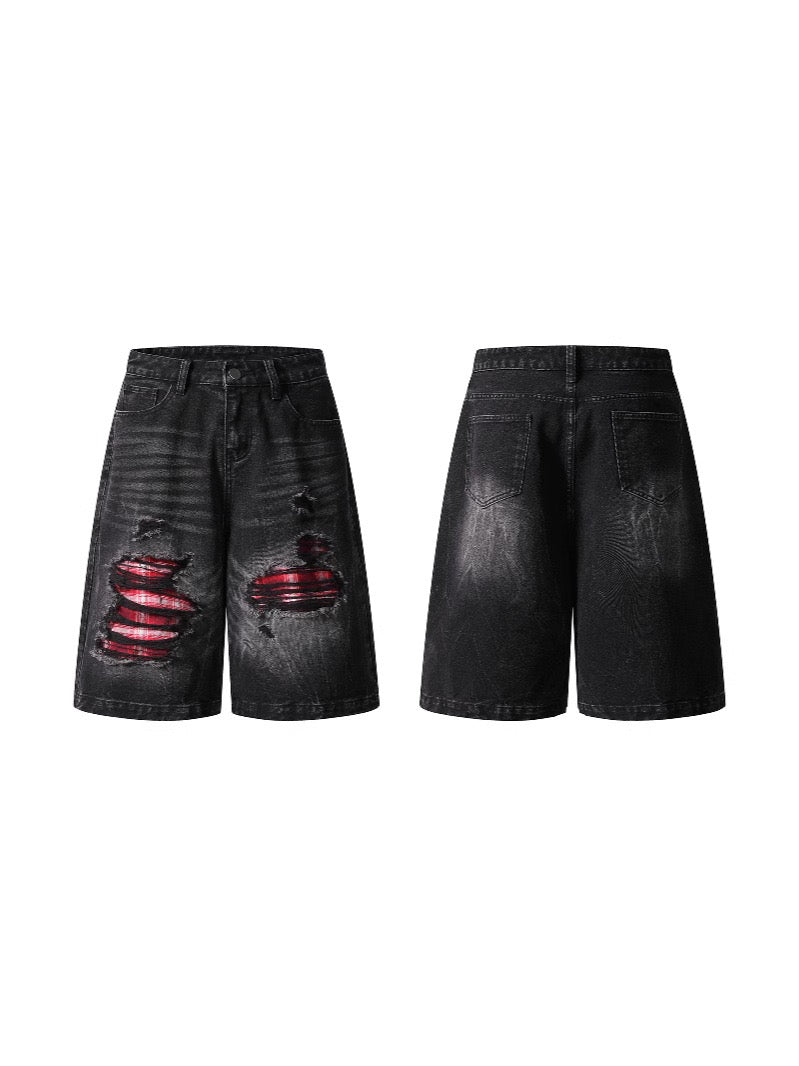 Distressed Ripped Patchwork Plaid Wide-Leg Jeans Loose Straight Shorts