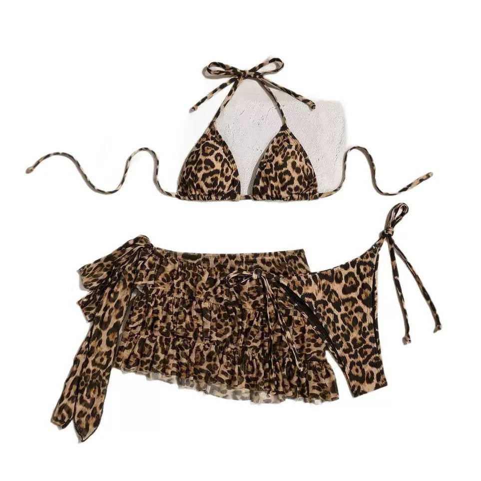leopard print frill trim bikini set with a matching skirt