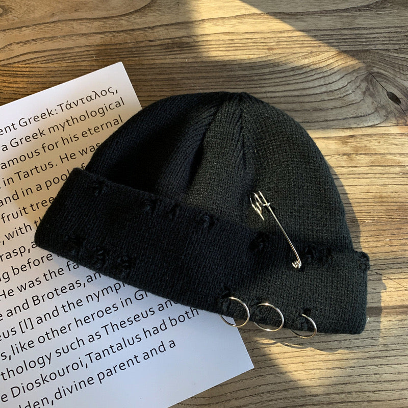 Beanie Hat Metal Eyelet in Black