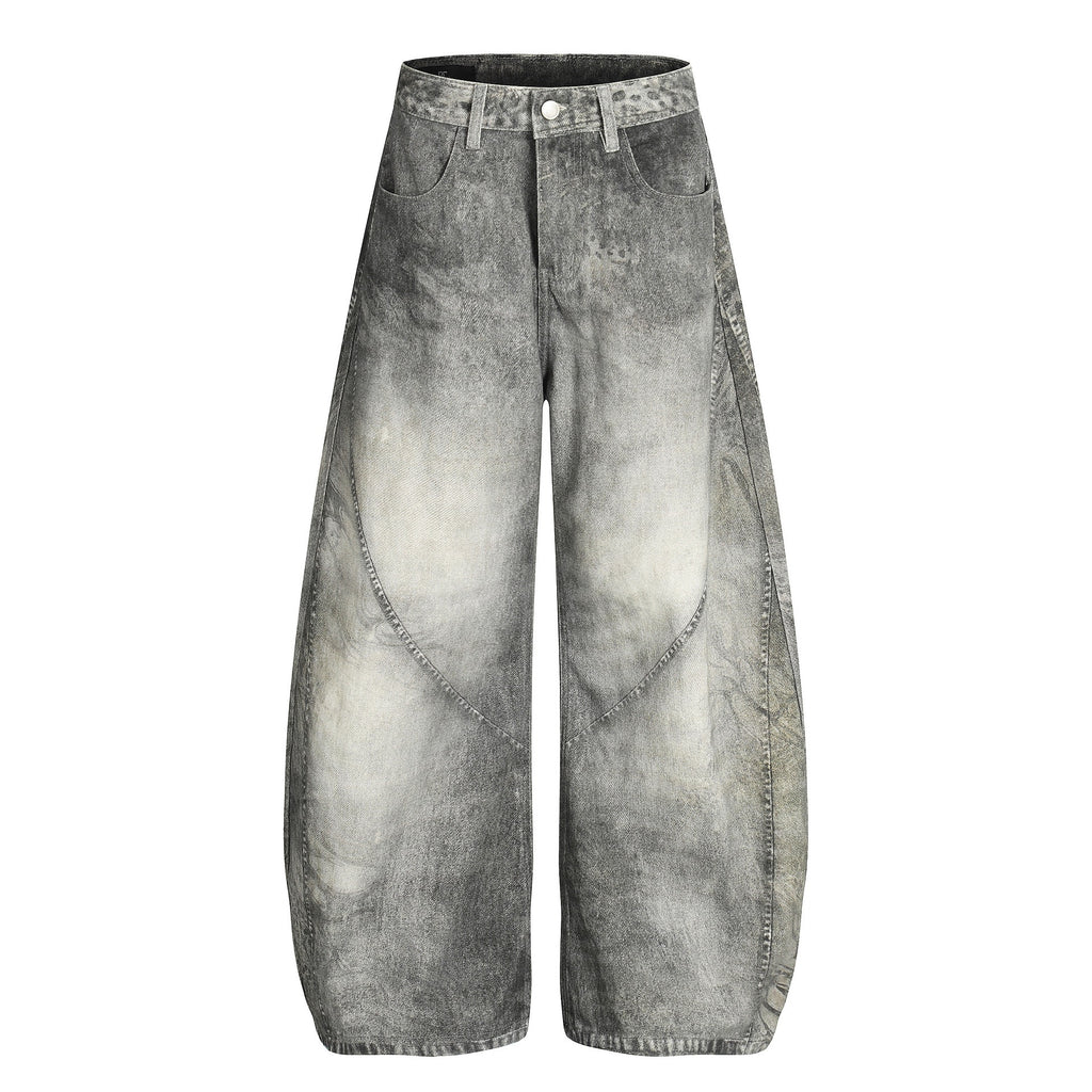 Three-Dimensional Cut Scimitar Denim Pants Washed Wide-Leg Trousers