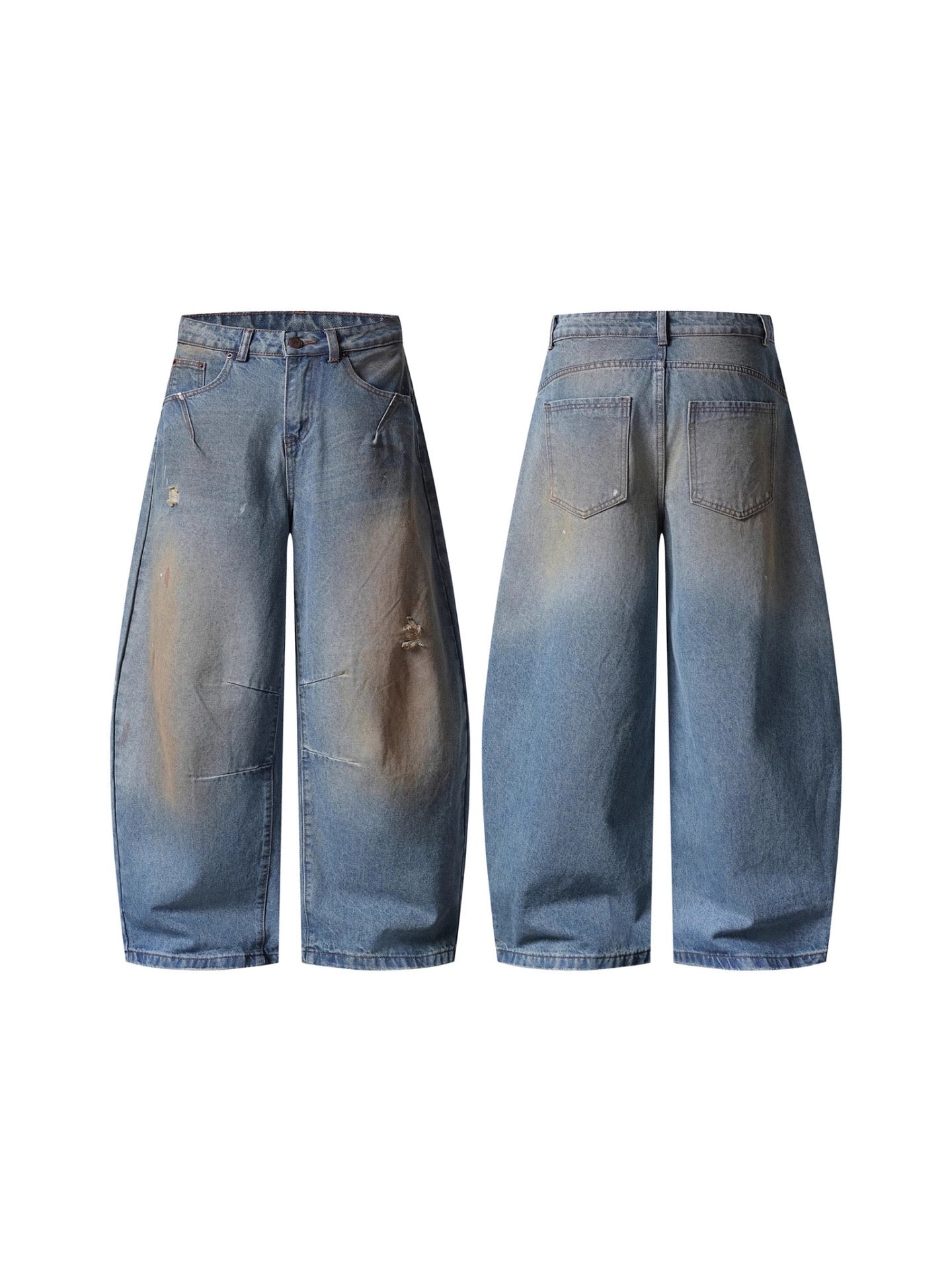 Mud-Dyed Washed Distressed Dirty Jeans Wide-Leg Pants
