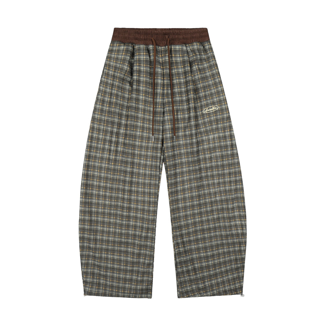 Plaid Trousers Relaxed-fit checkered pants with a brown elastic waistband