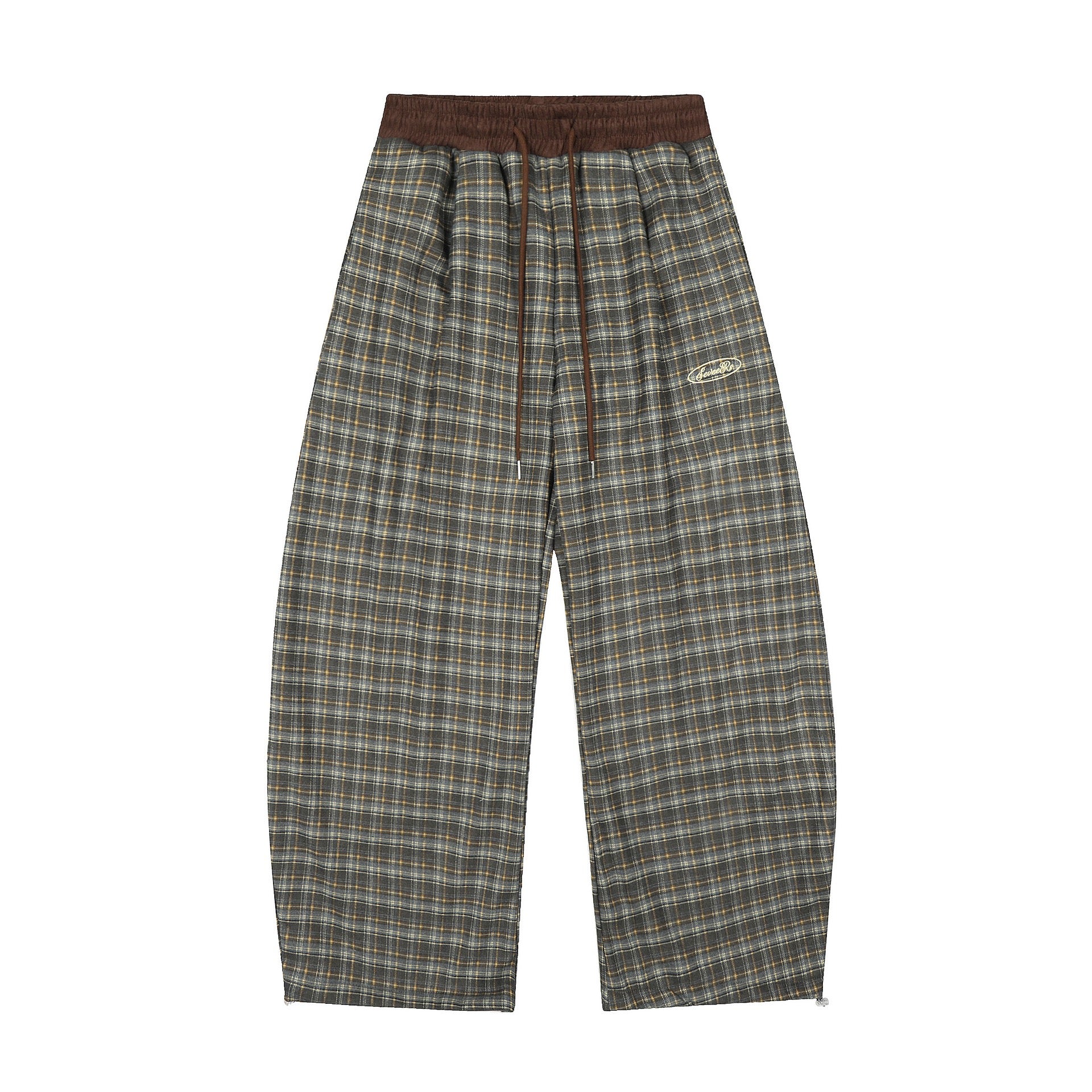 Plaid Trousers Relaxed-fit checkered pants with a brown elastic waistband