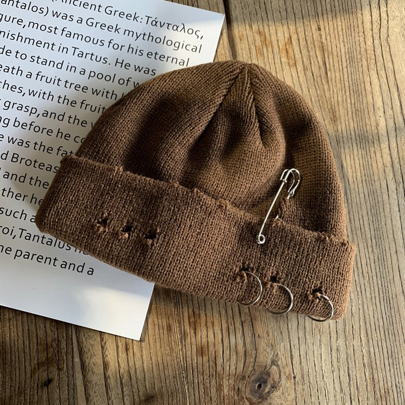 Beanie Hat Metal Eyelet in Brown