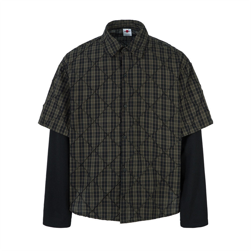 Plaid Stitching Two-piece Long-sleeved Shirt