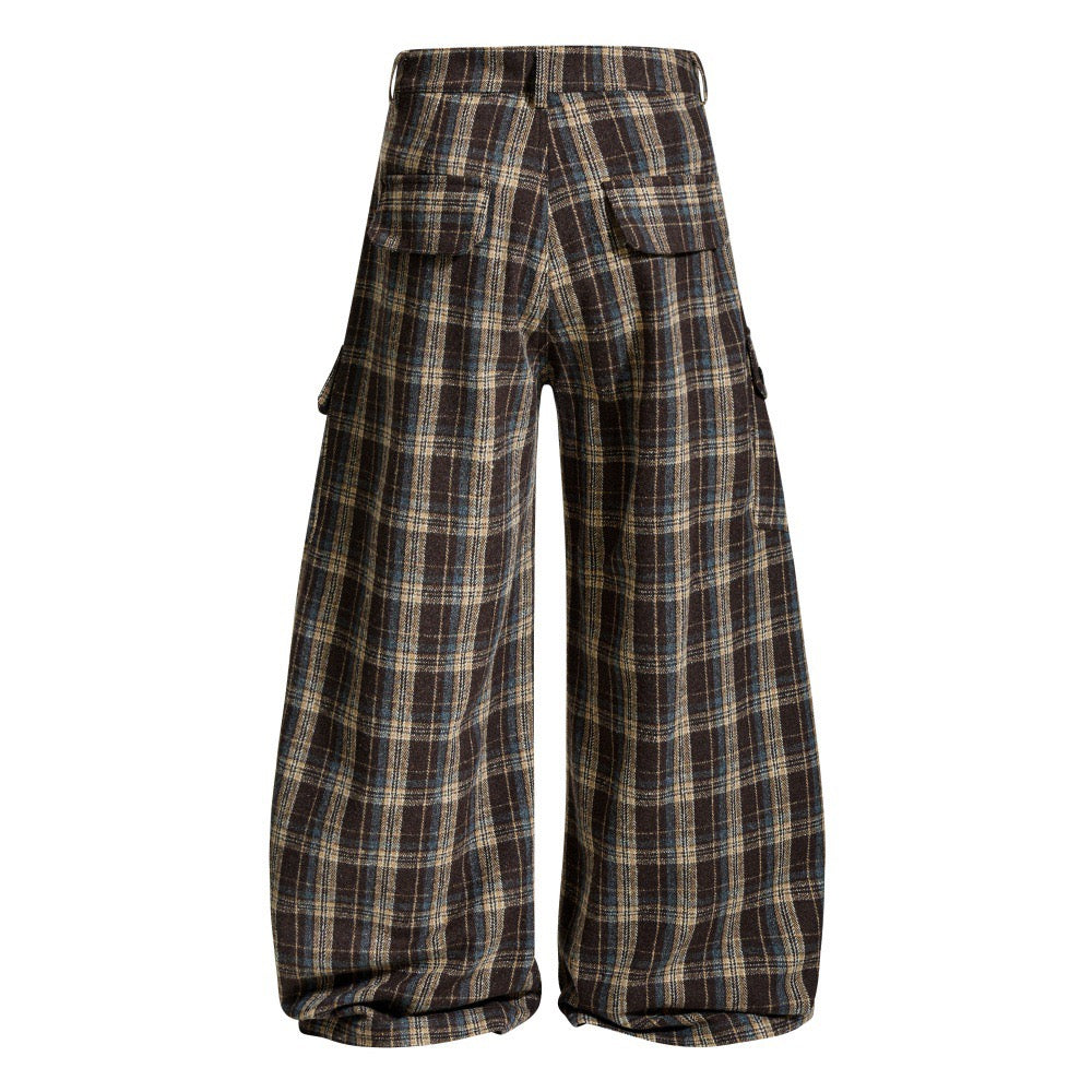 Brown plaid wide-leg cargo pants