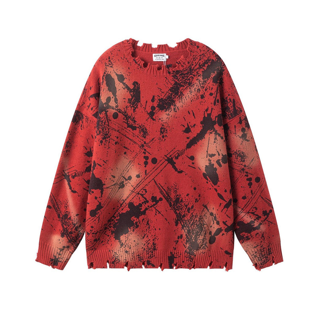 Distressed Red Knit A crewneck sweater with black paint splatter and frayed edges