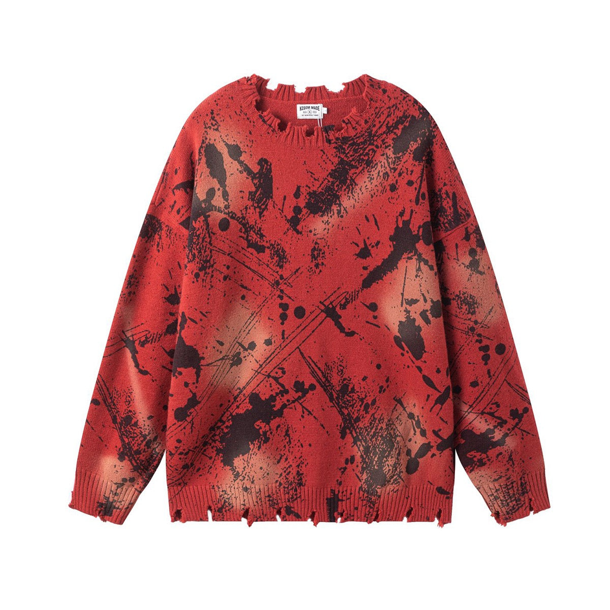 Distressed Red Knit A crewneck sweater with black paint splatter and frayed edges