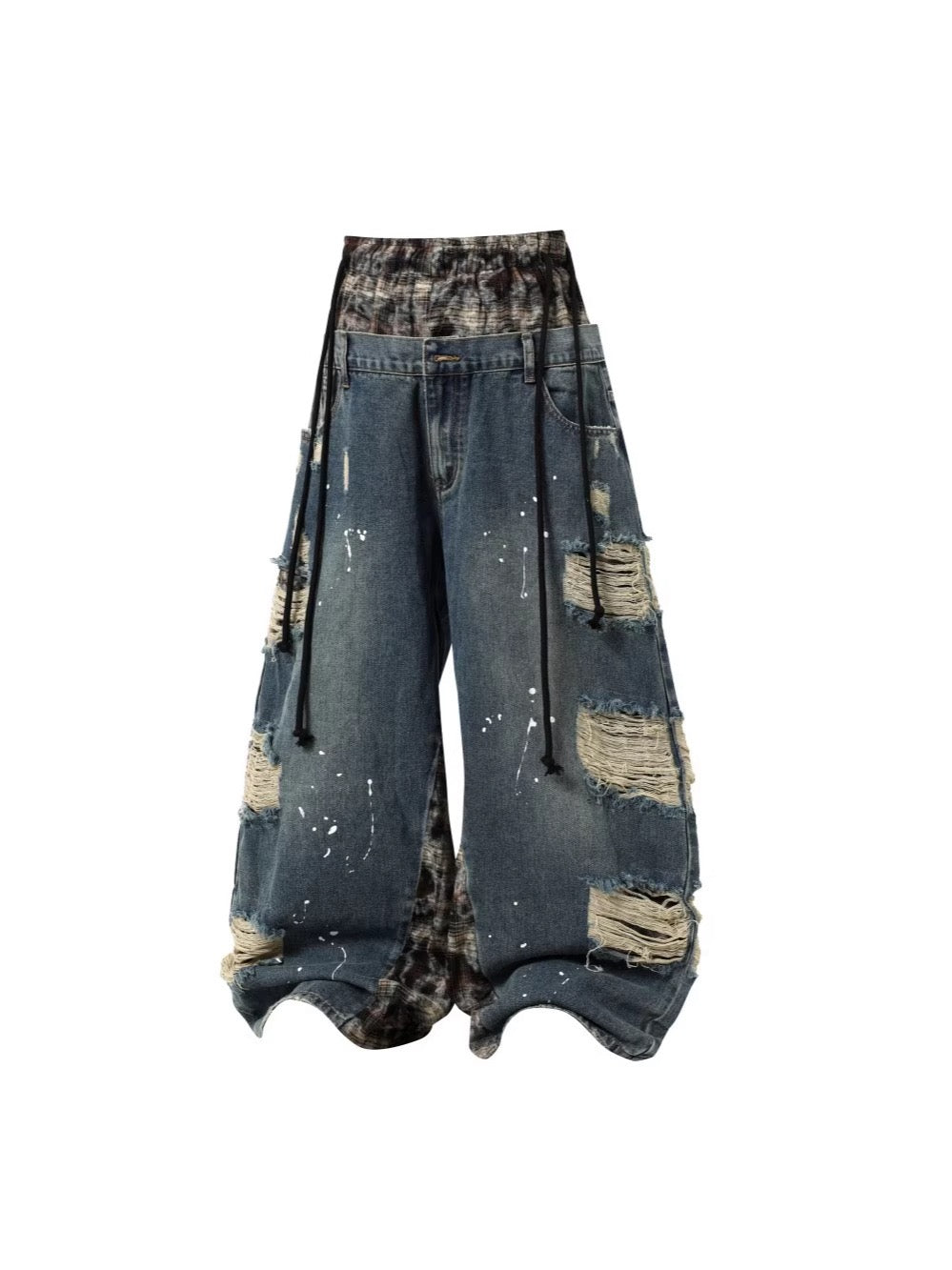 Distressed wide-leg baggy denim jeans witha drawstring waist
