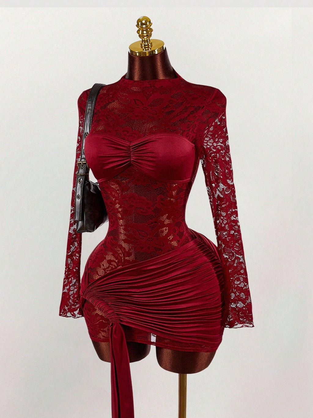 long-sleeve lace-cutout ruched bodycon mini dress