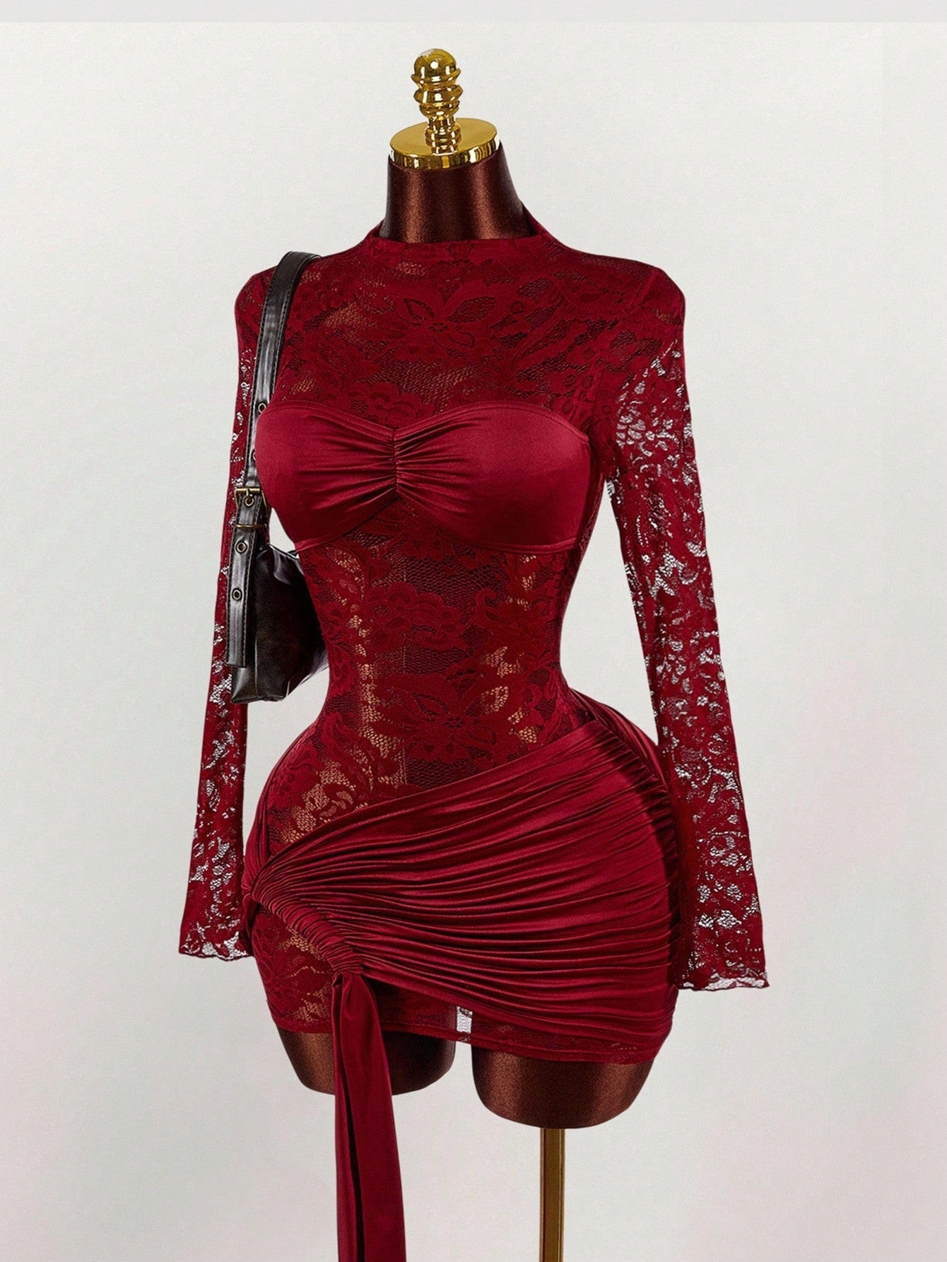 long-sleeve lace-cutout ruched bodycon mini dress