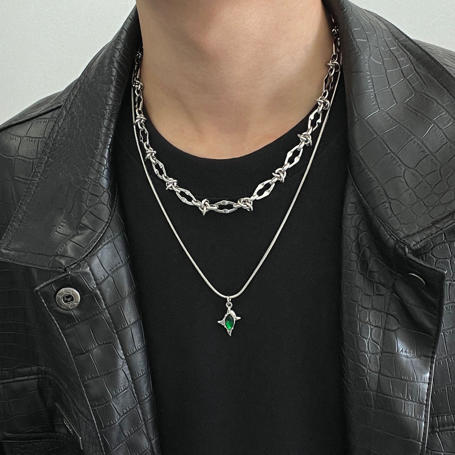 double-layer titanium steel necklace with a green star pendant