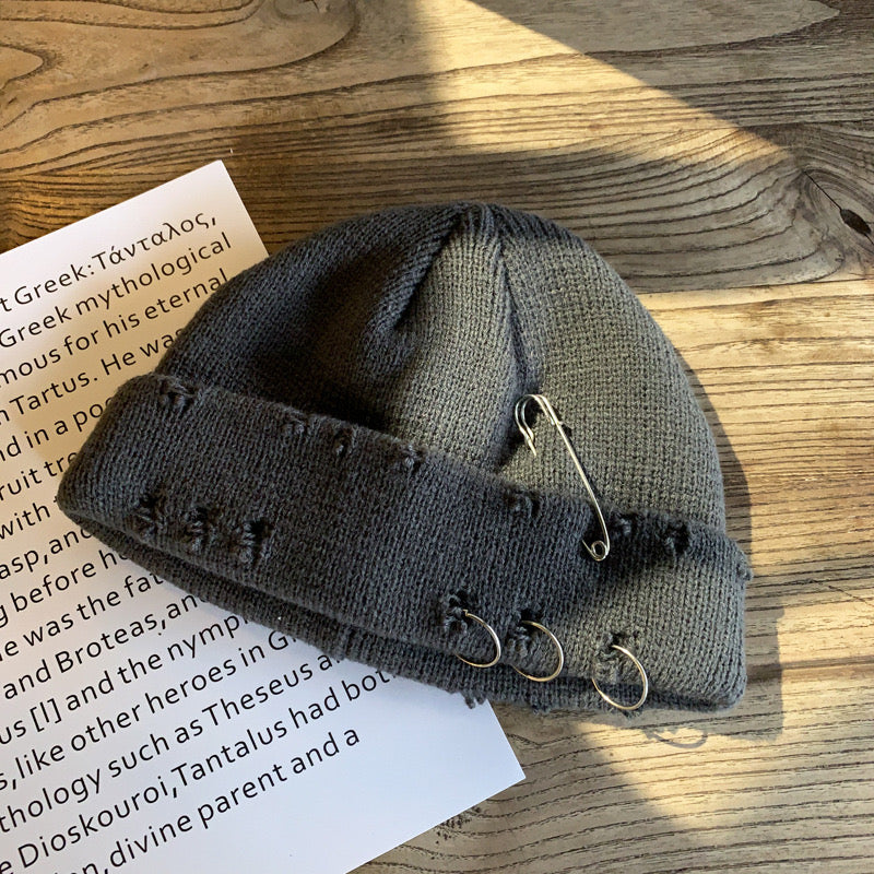 Beanie Hat Metal Eyelet in Gray