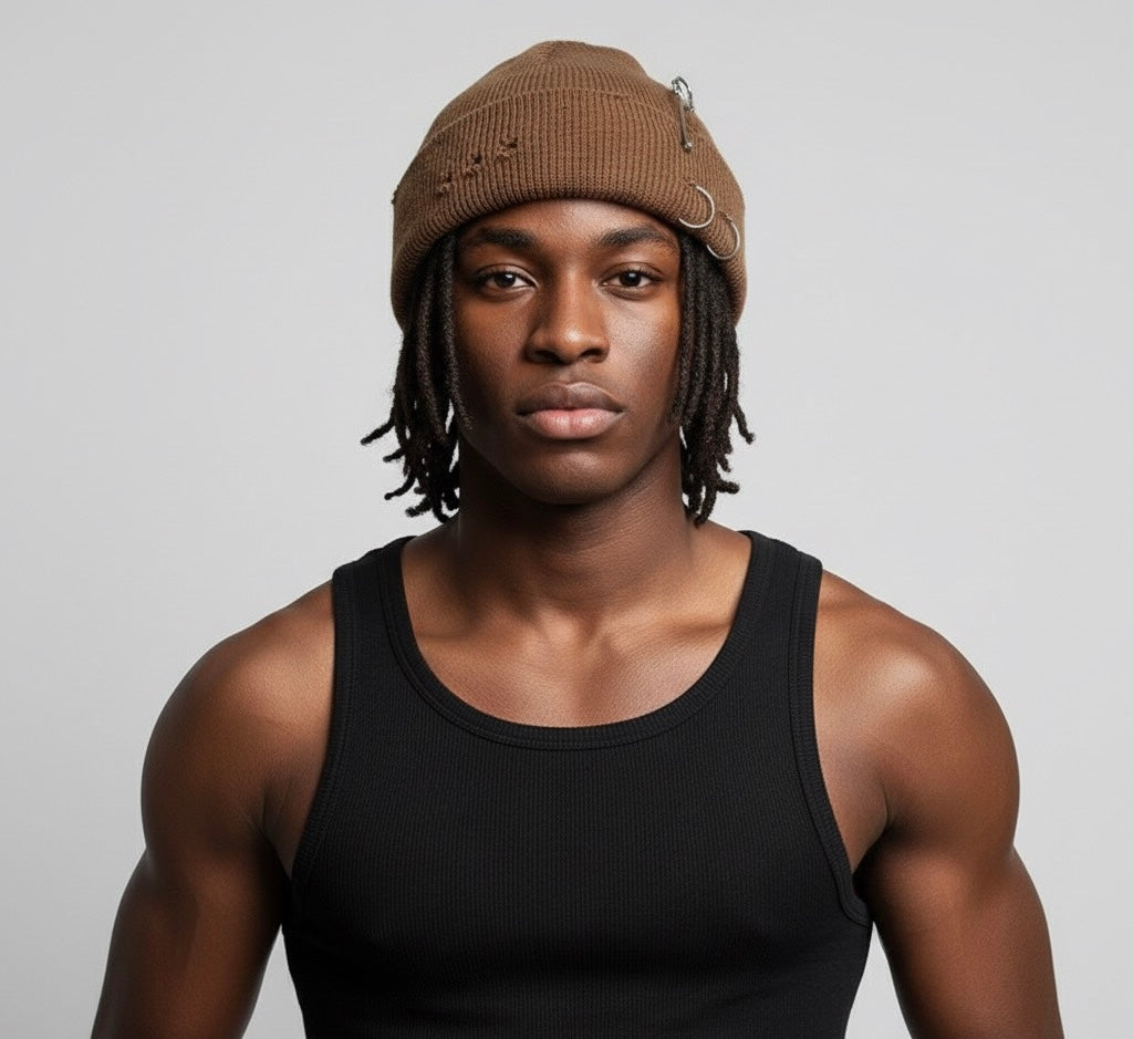 Beanie Hat Metal Eyelet in Brown