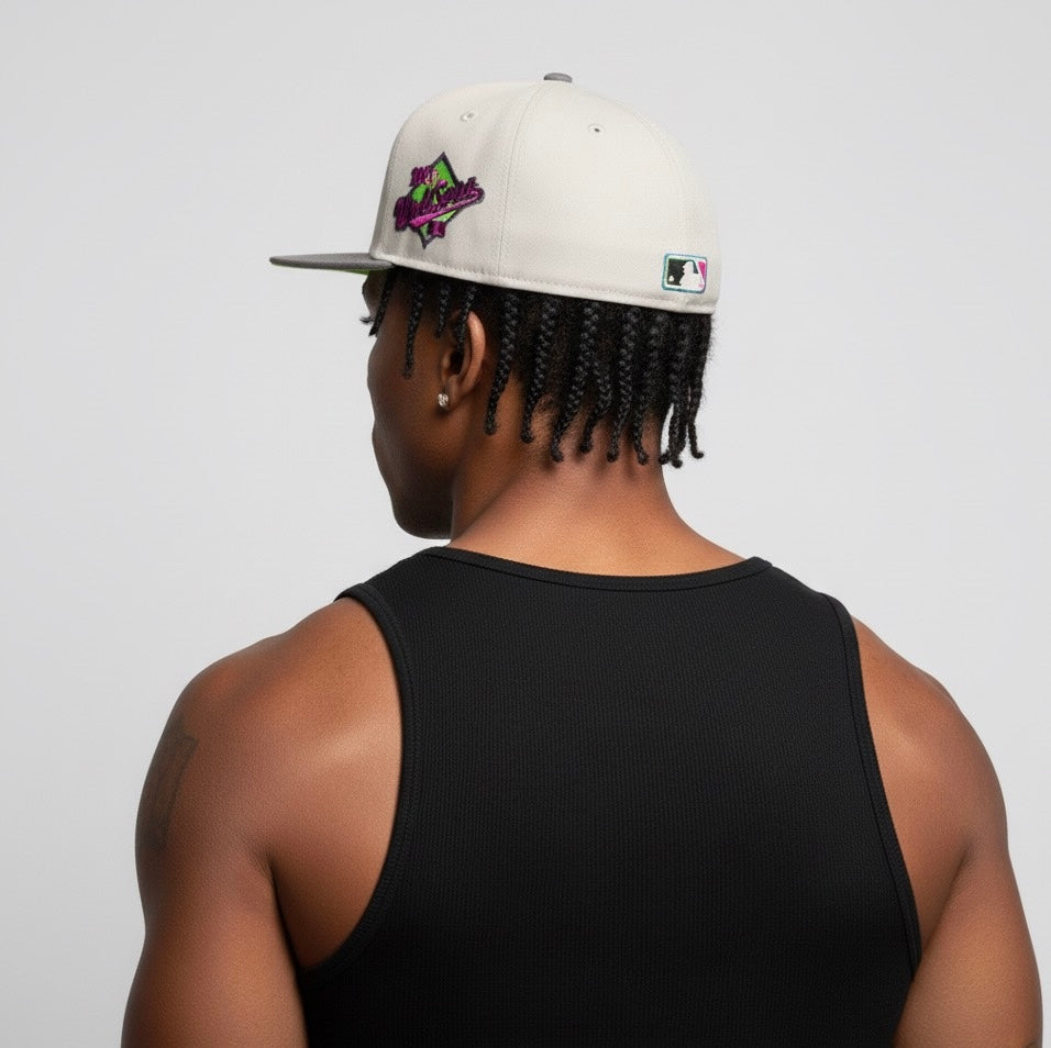 Oakland Athletics baseball cap with a neon green underbrim