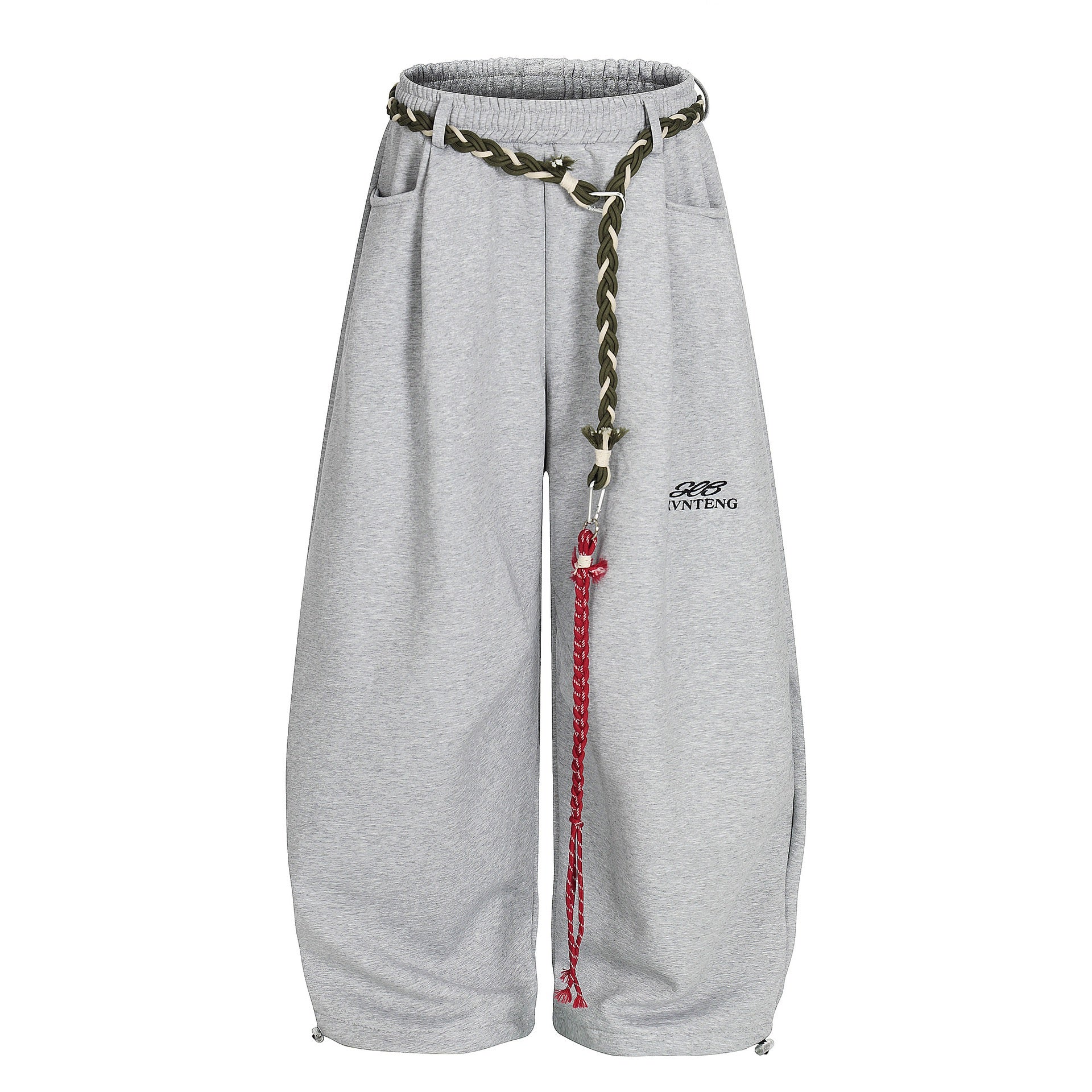 Baggy Sweatpants with unique braided rope belt with a red tassel