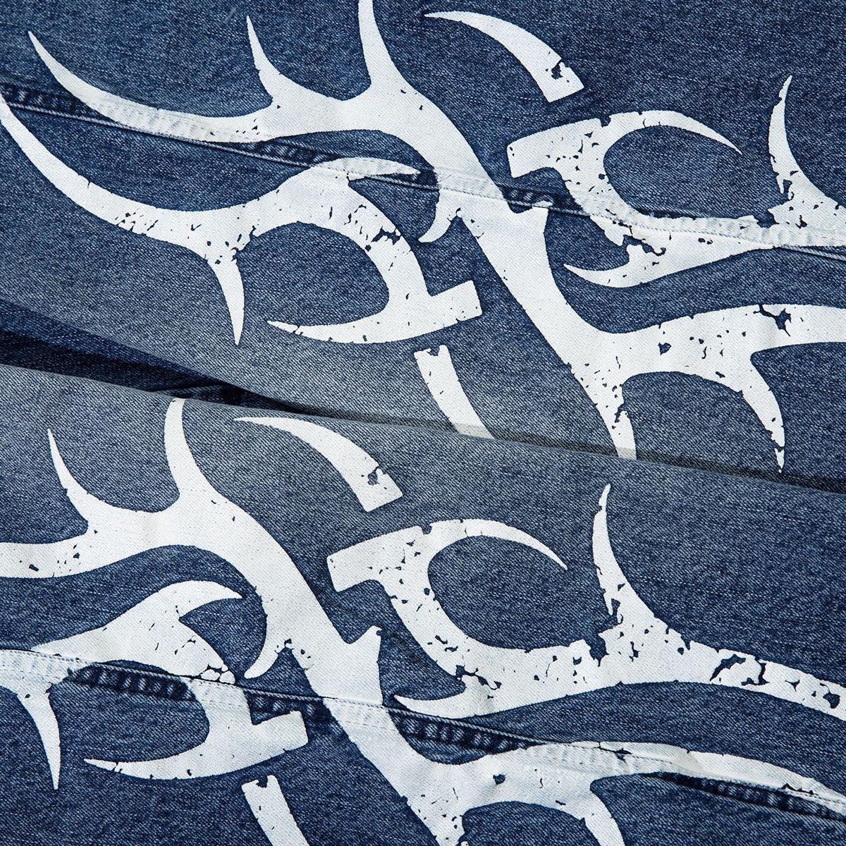 Thorn Print Washed Jeans Loose Wide Leg Pants