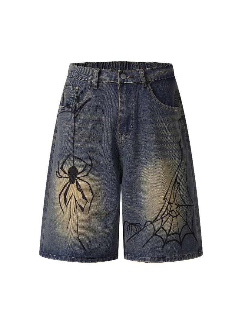 Spider Denim Shorts Straight-Leg Trousers