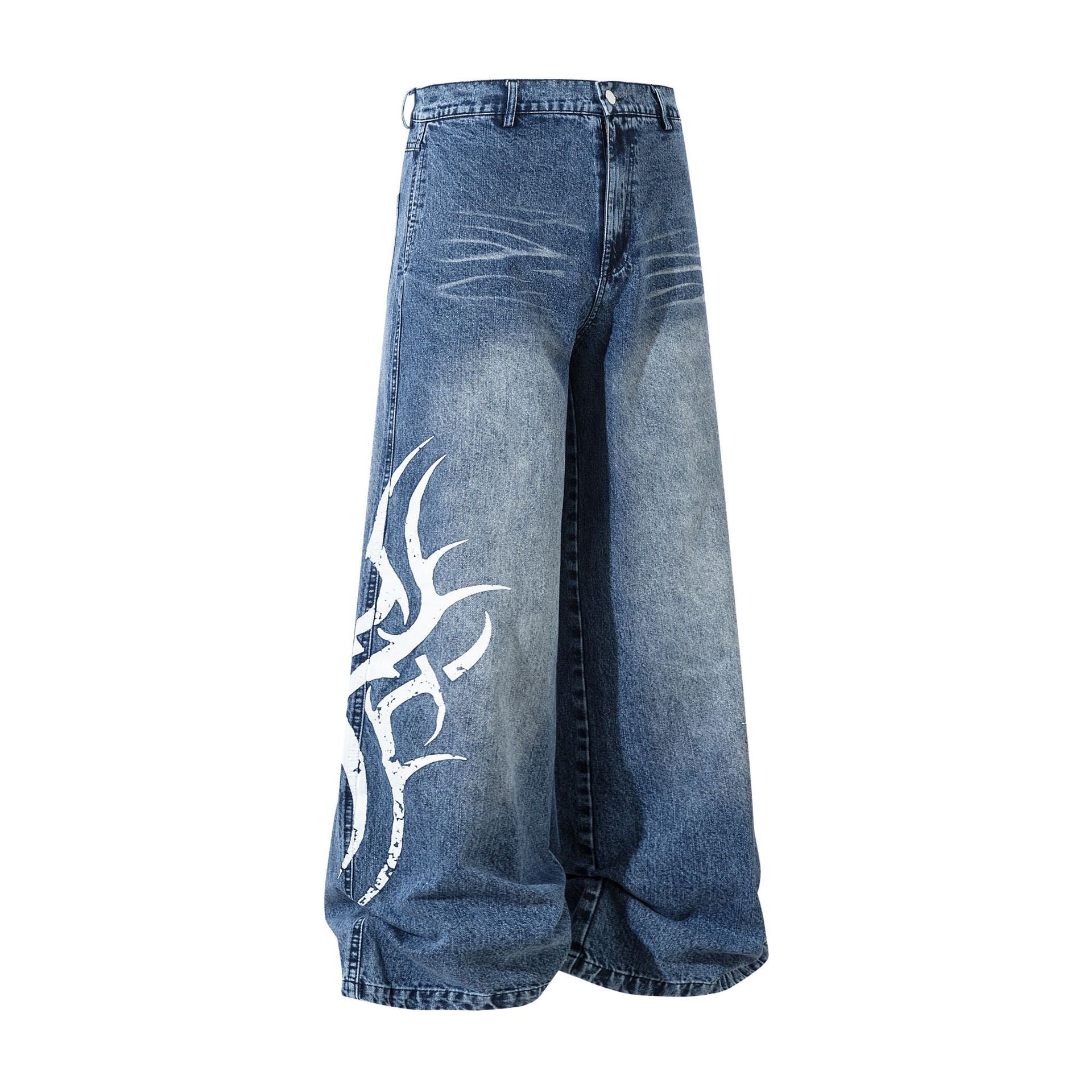 Thorn Print Washed Jeans Loose Wide Leg Pants