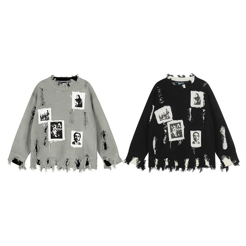 Graphic Patch Distressed Sweater