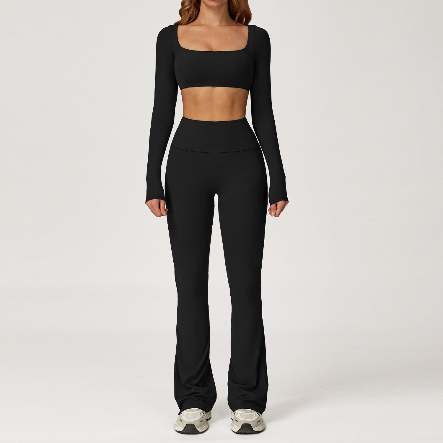 long-sleeved crop top and flared leggings Active wear