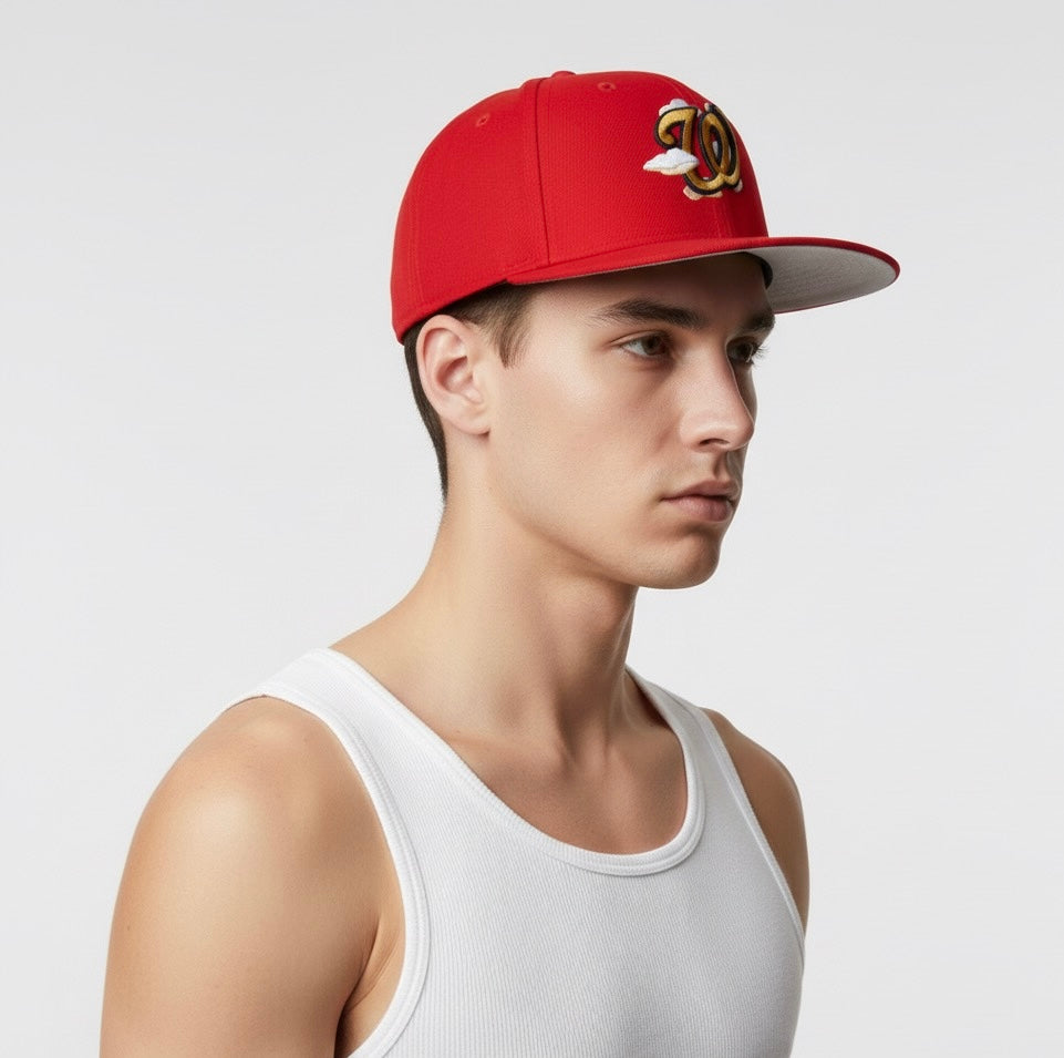 Red Washington Nationals baseball cap with "clouds"