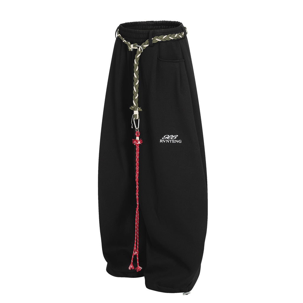 Baggy Sweatpants with unique braided rope belt with a red tassel