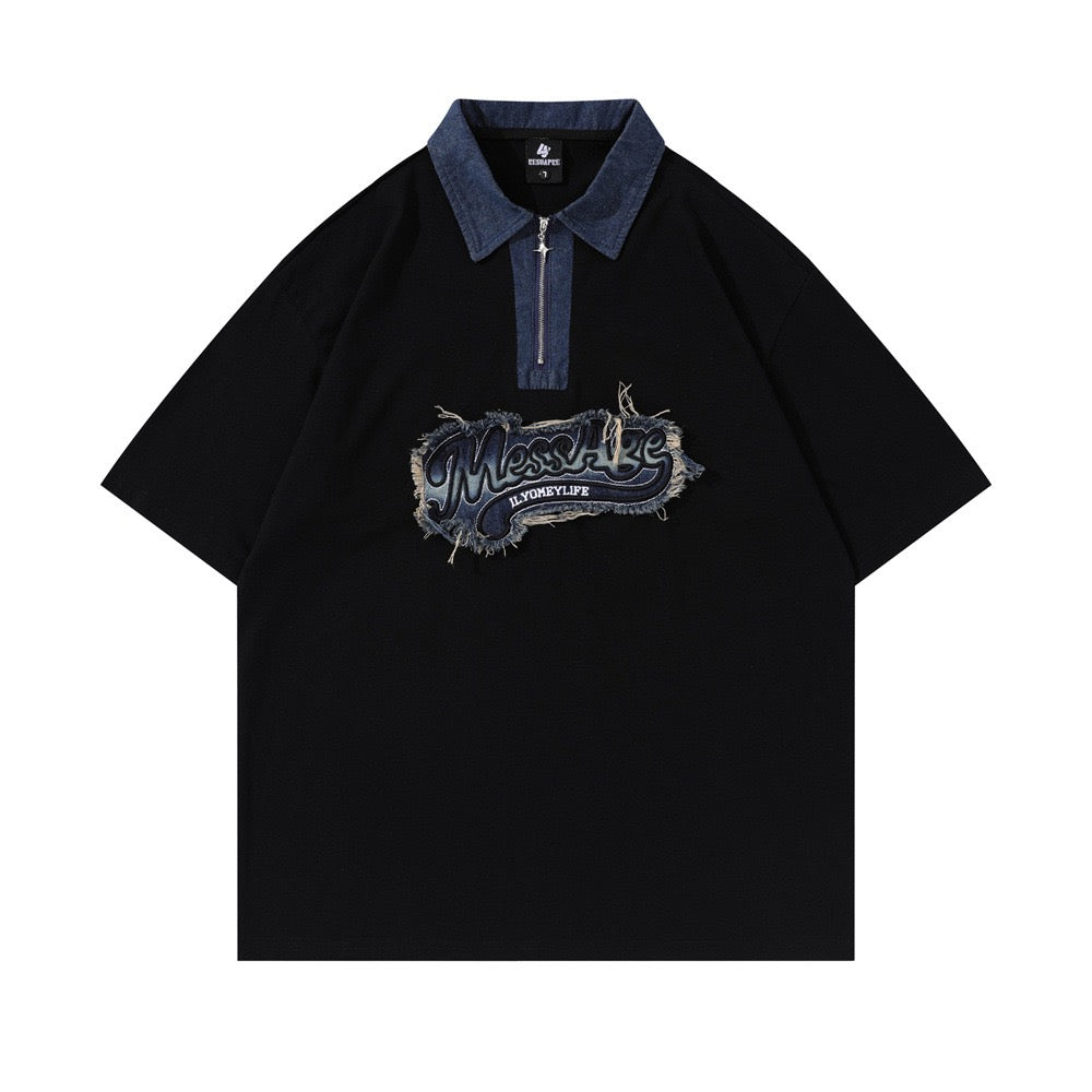 Short-sleeved polo shirt featuring a denim collar