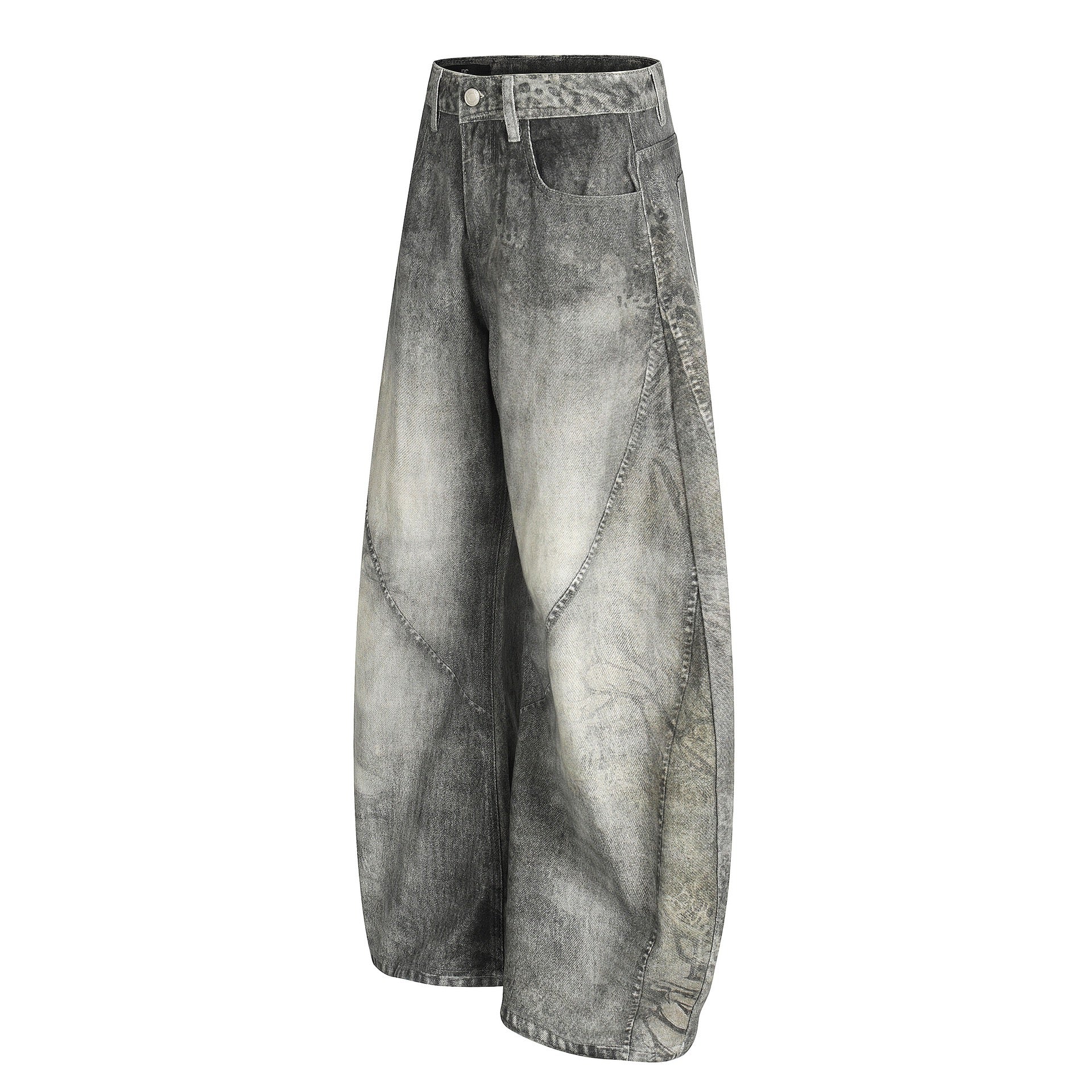 Three-Dimensional Cut Scimitar Denim Pants Washed Wide-Leg Trousers