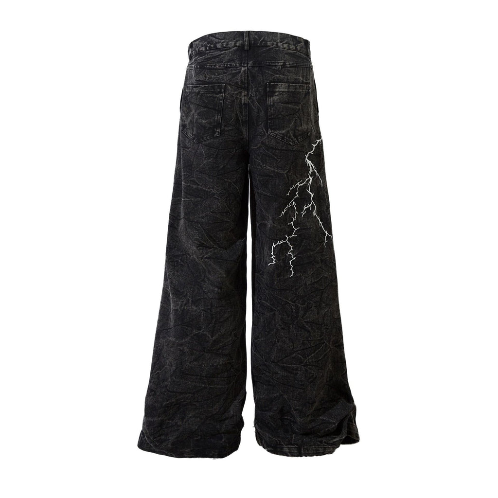 Washed Micro-Lazy Jeans Men's Lightning Embroidered Design Wide Leg Pants