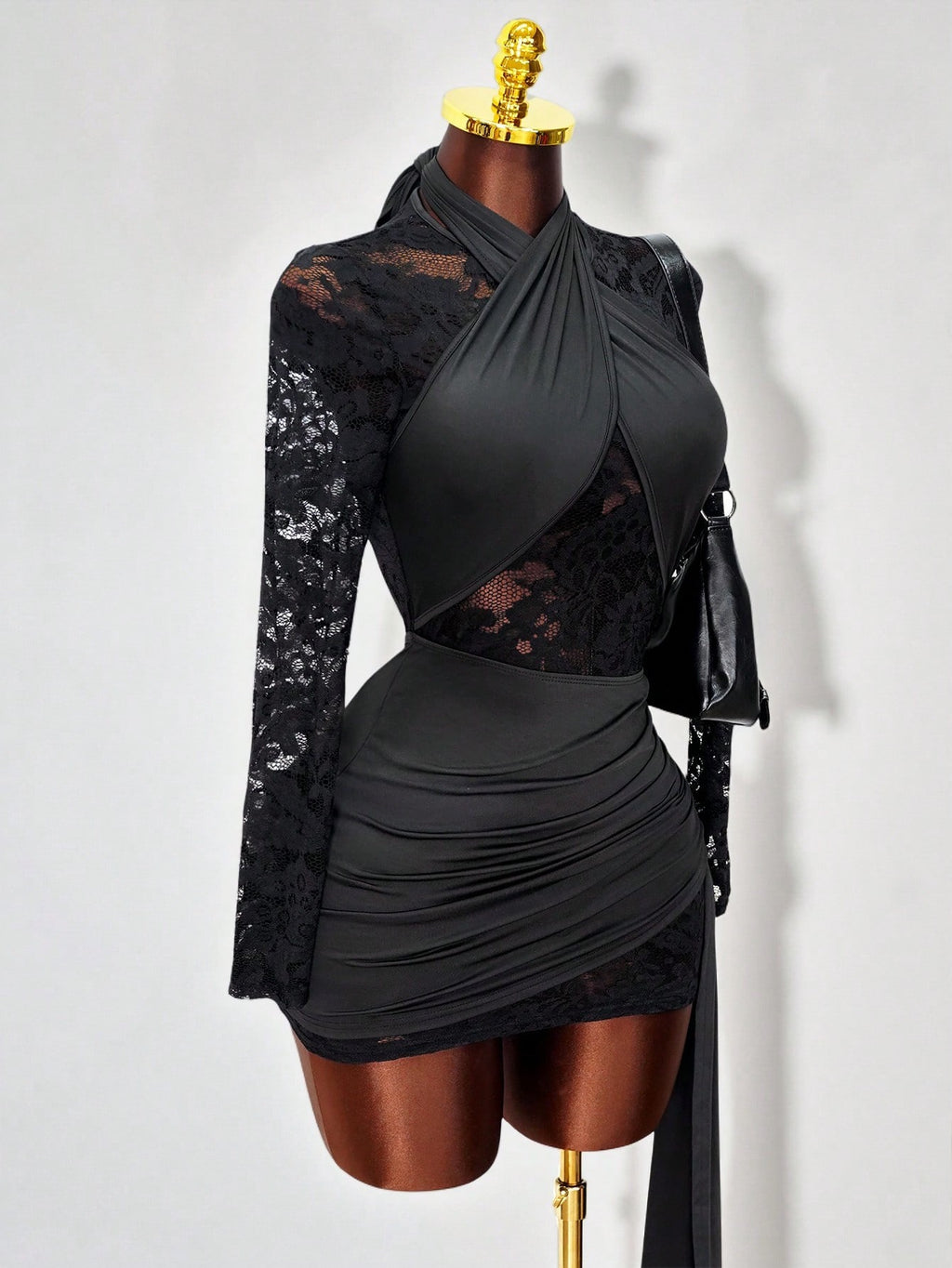 black lace long-sleeve halter bodycon dress