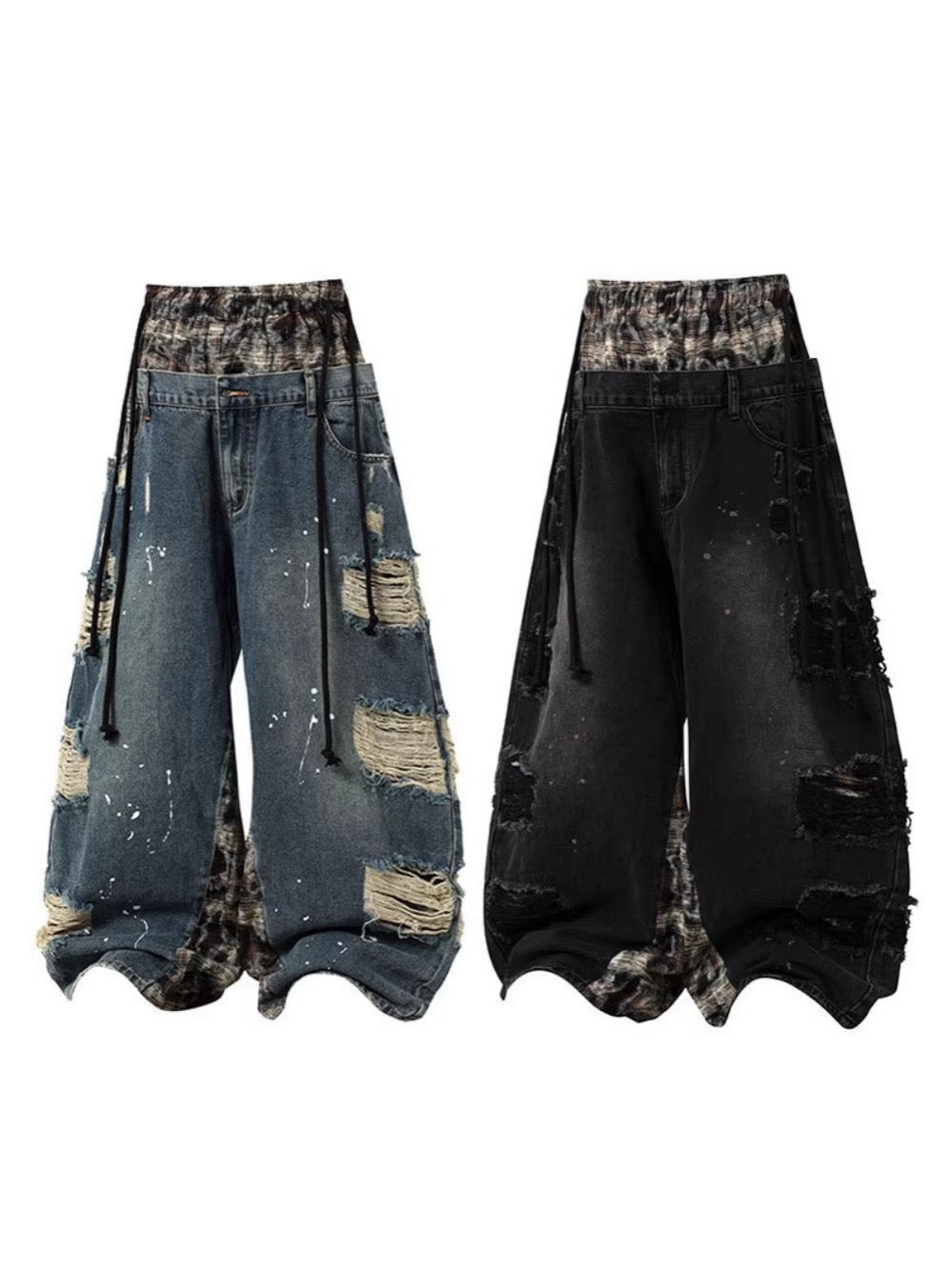 Distressed wide-leg baggy denim jeans witha drawstring waist