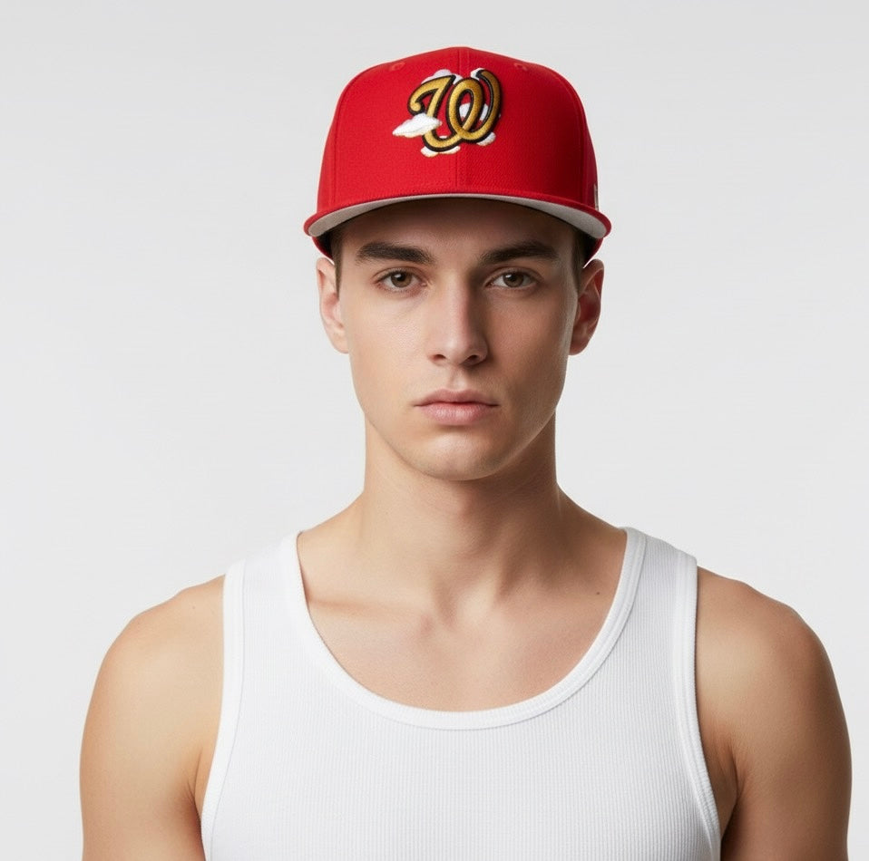 Red Washington Nationals baseball cap with "clouds"