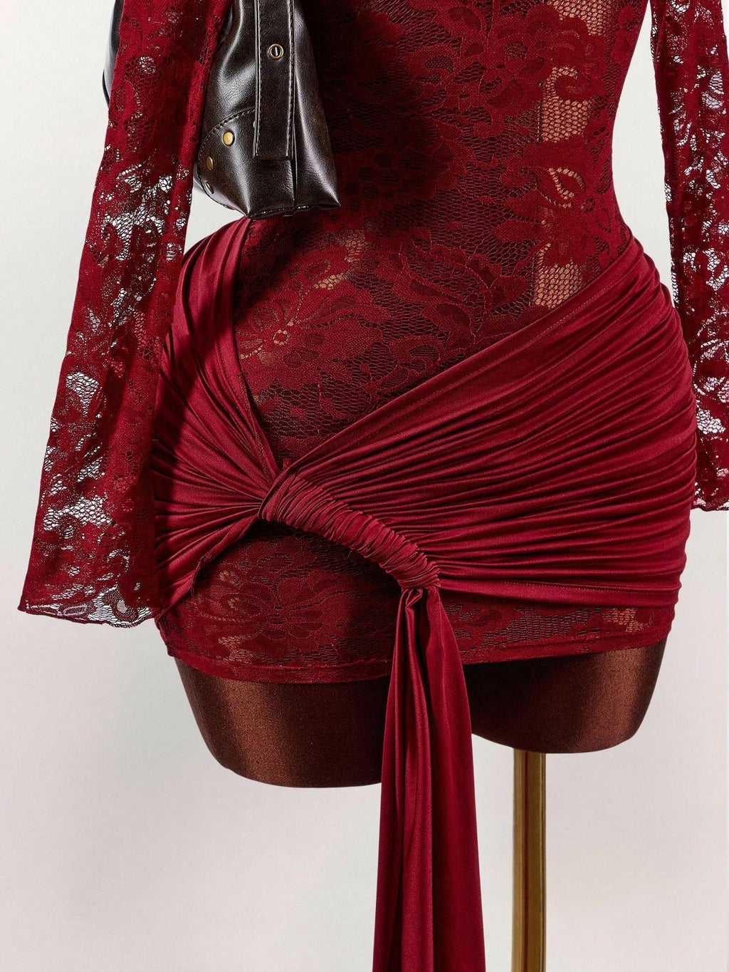 long-sleeve lace-cutout ruched bodycon mini dress