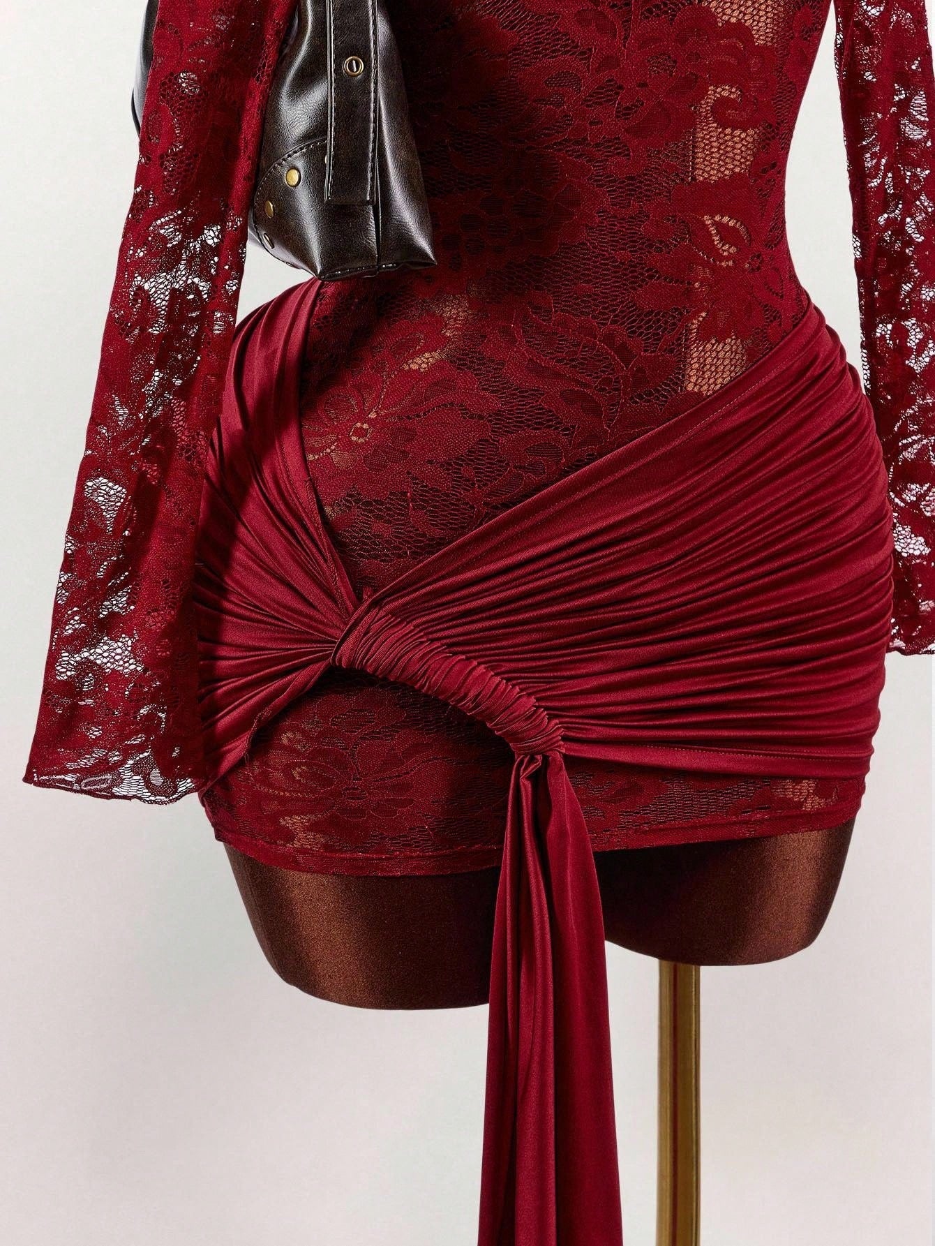 long-sleeve lace-cutout ruched bodycon mini dress